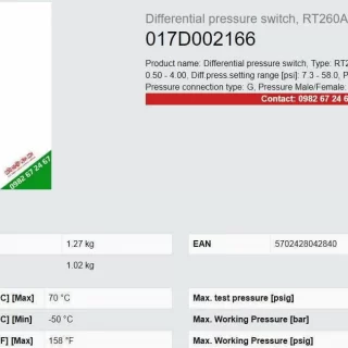 Catalog công tắc chênh áp Danfoss RT260A