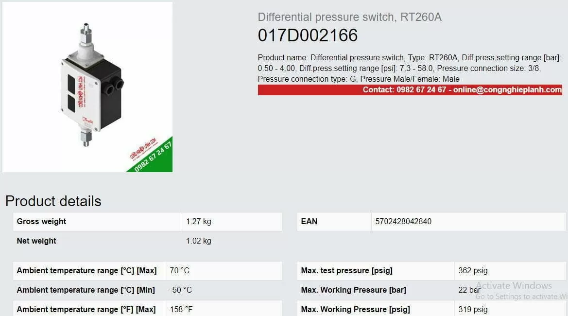 Catalog công tắc chênh áp Danfoss RT260A