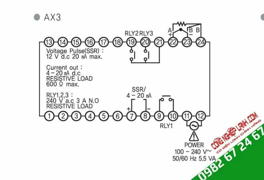 Sơ đồ đấu nối điện - điều khiển nhiệt độ Hanyoung AX3